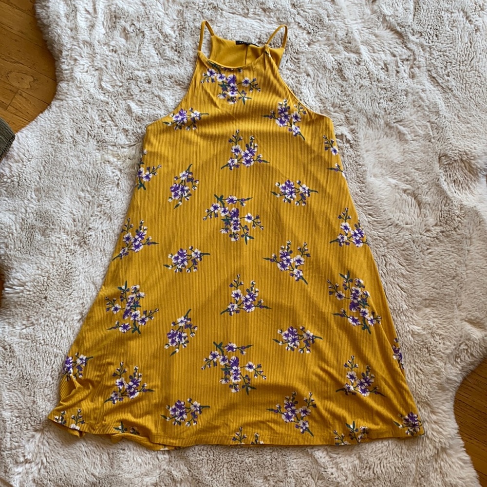 Mustard High Neck Sleeveless Fall Floral Dress